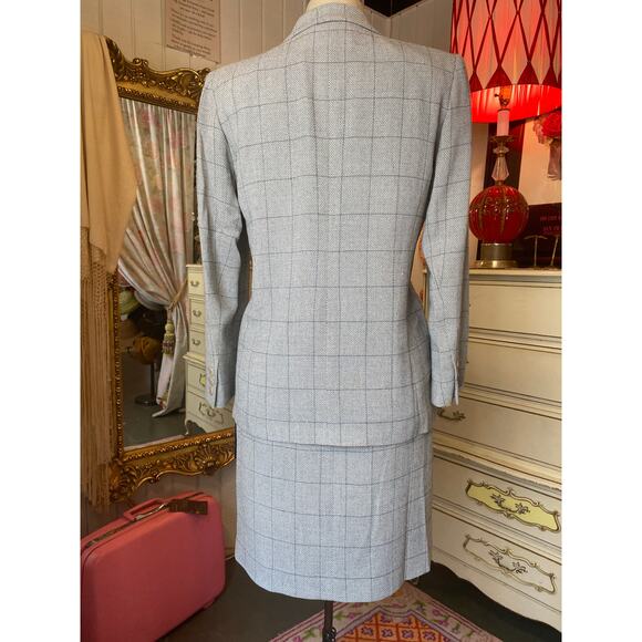 vintage 1990s Ungaro gray plaid womens suit double breasted jacket med 6 skirt - Picture 8 of 8